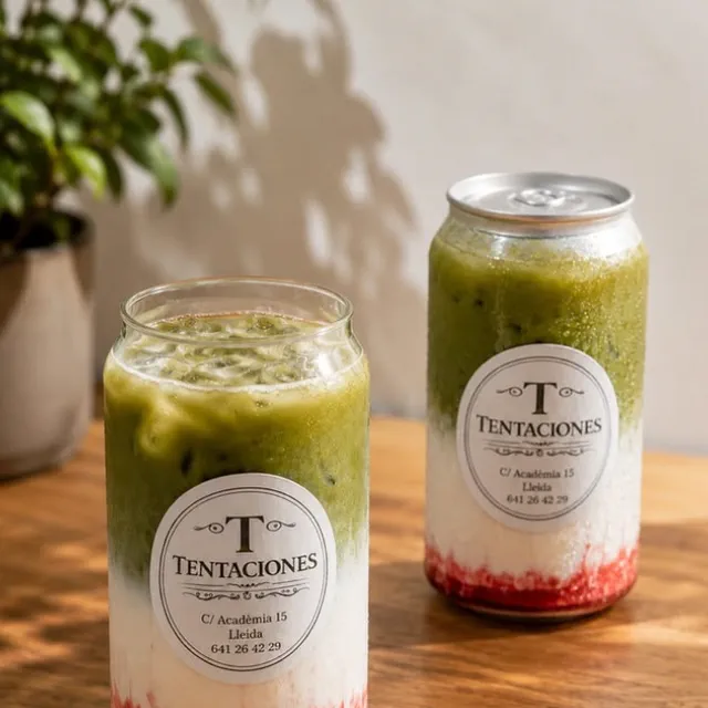 Dos matcha freds amb xarop de fruits del bosc, en gots amb l'etiqueta de Tentaciones Lleida