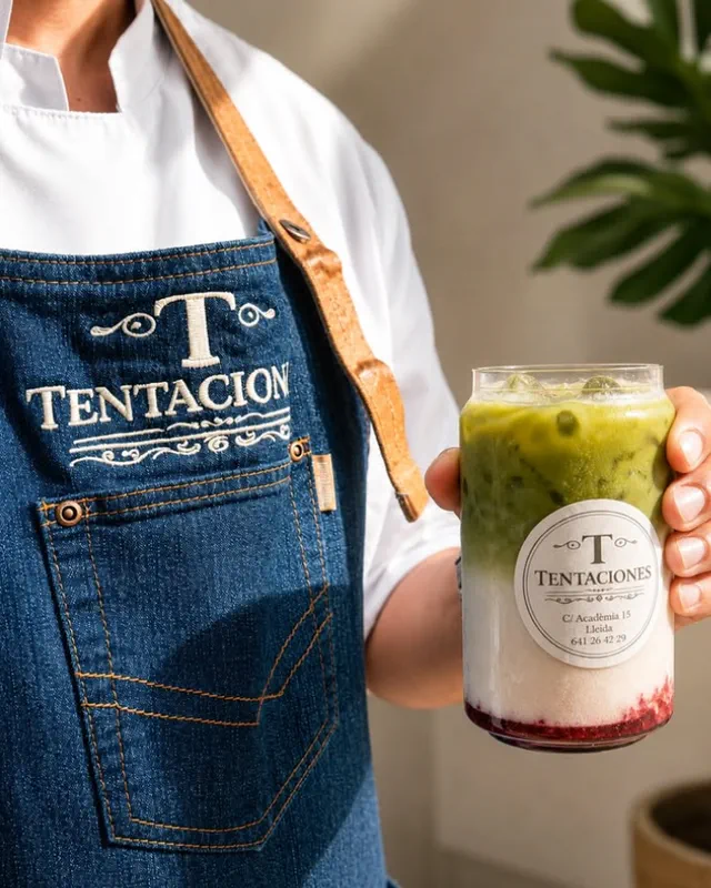 Membre de l'equip de Tentaciones amb el davantal brodat de la marca, sostenint un matcha fred