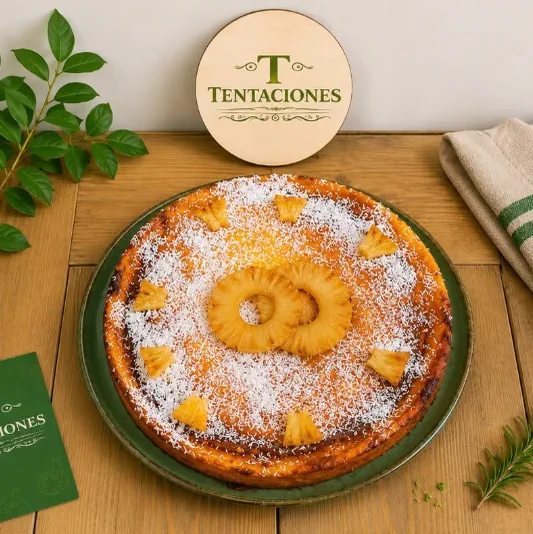 Pastís de pinya colada de Tentaciones Lleida, cobert de coco ratllat, amb el logotip de la casa al costat